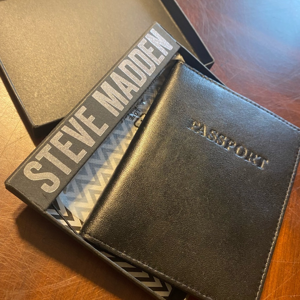 Steve Madden Black Leather Passport Cover with Embossed Logo